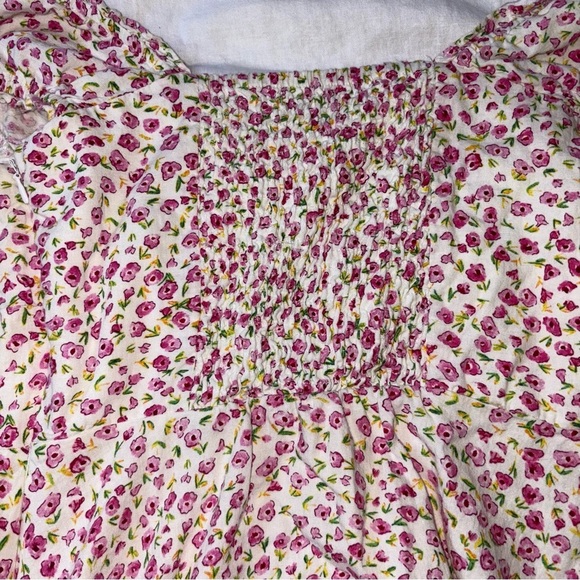 Zara SMALL Off The Shoulder Smocked Mini Dress Floral Linen Blend Cottagecore - Picture 7 of 7
